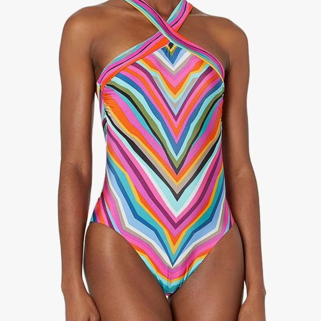 Trina Turk Women Standard Louvre Reversible High Neck One Piece Swimsuit 4 Pink